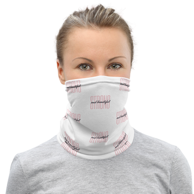 attractive female wearing neck gaiter that says STRONG and beautiful