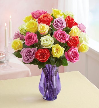 1-800-Flowers Two Dozen Assorted  Roses with Purple Vase