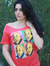 Stephanie Ellen Almeida wearing a red scoopneck t-shirt from darskee.com