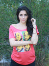 Stephanie Ellen Almeida wearing a red scoopneck t-shirt from darskee.com 