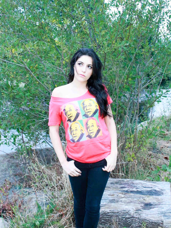 Stephanie Ellen Almeida wearing a red scoopneck t-shirt from darskee.com  
