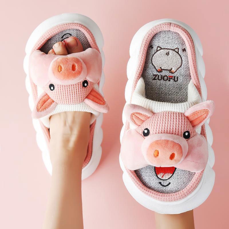 ZUOFU Trendy Designer Slippers Cute Cartoon Lovely Animals Bedroom Cotton Home Shoes Indoor Thick Sole Couples Men Women Pink Pig / 38-39(foot 240mm)