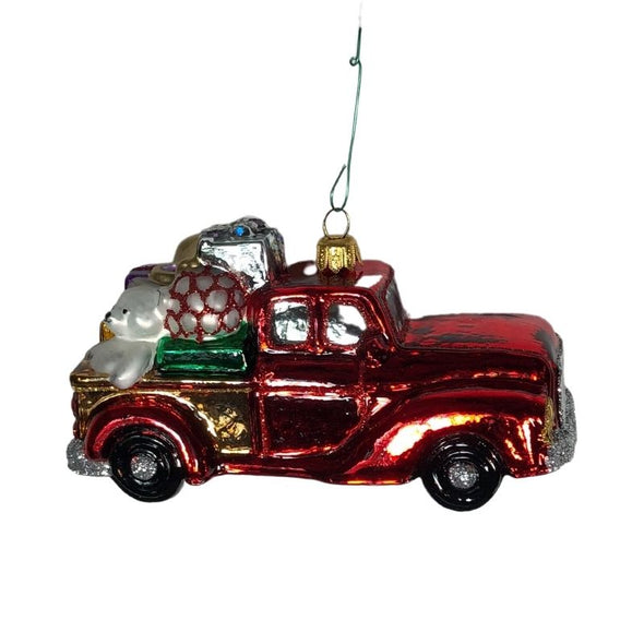 Red Truck with Bear Christmas Tree Bulb Ornament Hand Made in Poland