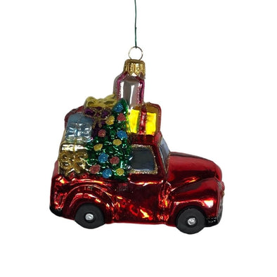 Red Truck with Tree Christmas Tree Bulb Ornament Hand Made in Poland