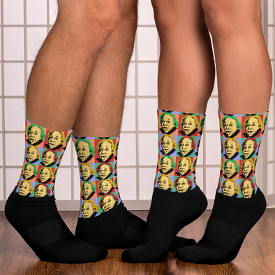 couple wearing colorful Einstein socks