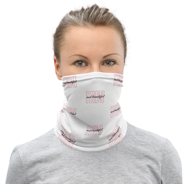 attractive female wearing neck gaiter that says STRONG and beautiful