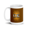 brown  wraparound mug design says OK but first coffee