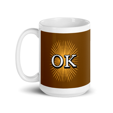 brown  wraparound mug design says OK but first coffee