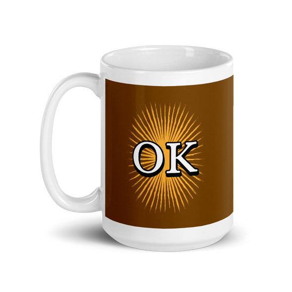 brown  wraparound mug design says OK but first coffee