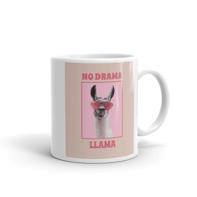 llama wearing rose colored heart shaped glasses on coffee mug that says NO DRAMA LLAMA