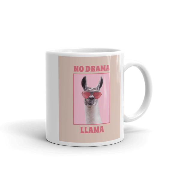 llama wearing rose colored heart shaped glasses on coffee mug that says NO DRAMA LLAMA