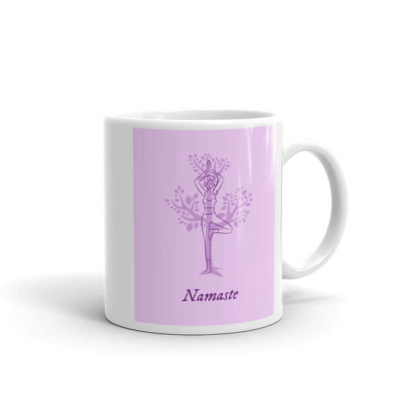 drawing of fit woman doing yoga on purple background Mug says Namaste