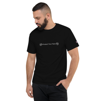 Black t-shirt says Protect Your Nuts