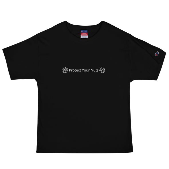 Black t-shirt says Protect Your Nuts