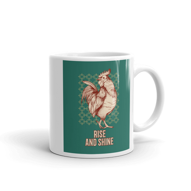 MUG WITH ROOSTER ON GREEN BACKGROUND SAYS RISE AND SHINE