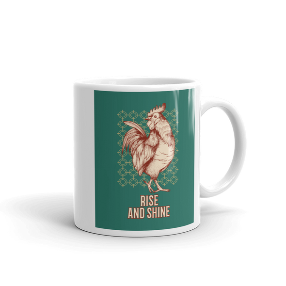 MUG WITH ROOSTER ON GREEN BACKGROUND SAYS RISE AND SHINE