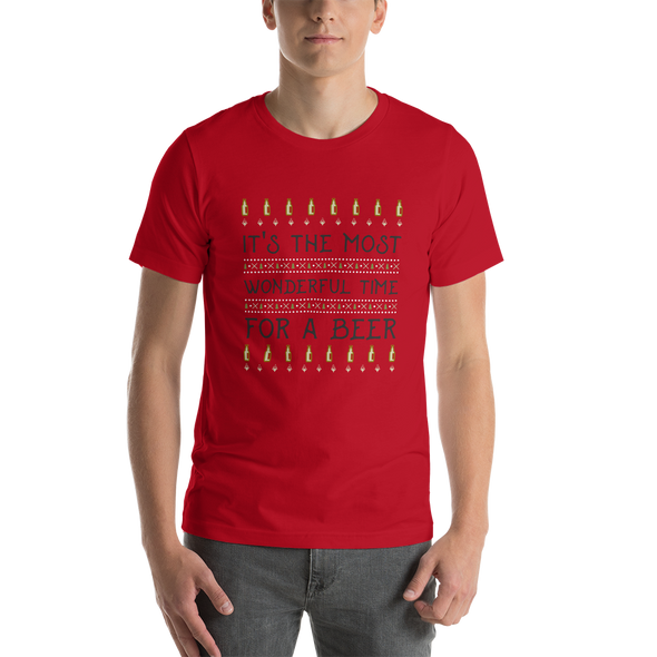 Man wearing red t-shirt that says It's the Most Wonderful Time For a Beer
