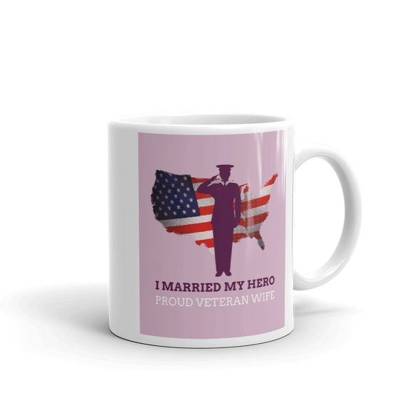 COFFEE MUG WITH VETERAN SALUTING WITH TEXT I MARRIED MY HERO, PROUD VETERAN WIFE