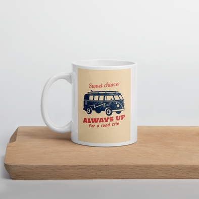 COFFEE MUG WITH VOLKSWAGEN BUS SUNSET CHASERS