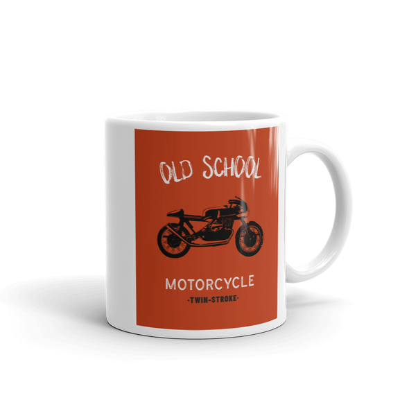 Mug reads OLD SCHOOL MOTORCYCLE TWIN STROKE