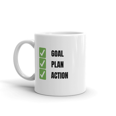 Coffee mug with checkmarks GOAL PLAN ACTION