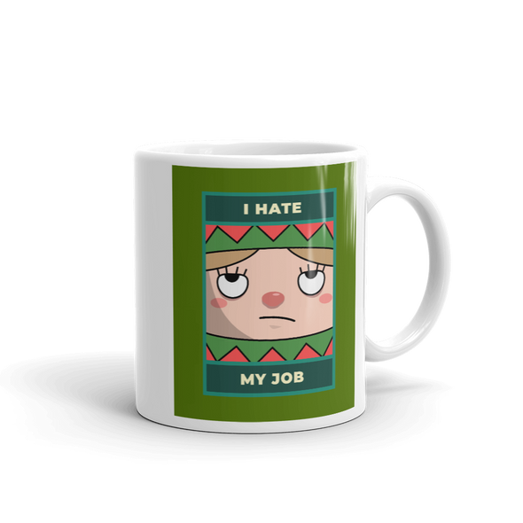 Sad looking Christmas Elf Mug that says I HATE MY JOB