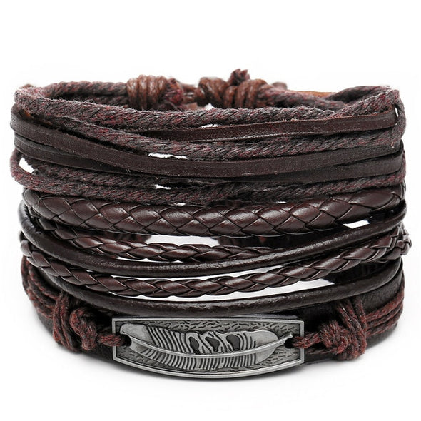 IF ME Vintage Leaf Feather Multi-layer Leather Bracelet For Men
