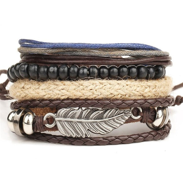 IF ME Vintage Leaf Feather Multi-layer Leather Bracelet For Men