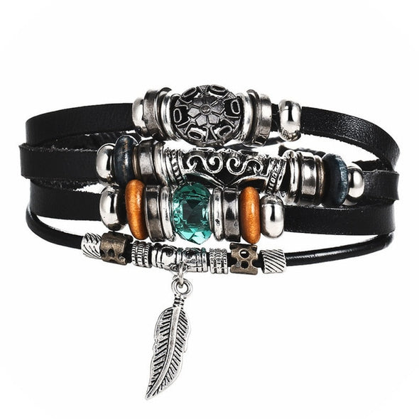 IF ME Vintage Leaf Feather Multi-layer Leather Bracelet For Men