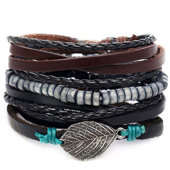 IF ME Vintage Leaf Feather Multi-layer Leather Bracelet For Men