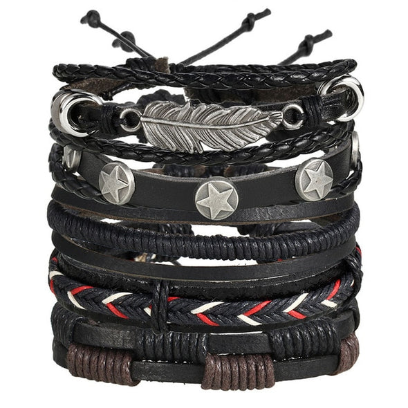 IF ME Vintage Leaf Feather Multi-layer Leather Bracelet For Men