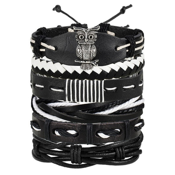 IF ME Vintage Leaf Feather Multi-layer Leather Bracelet For Men