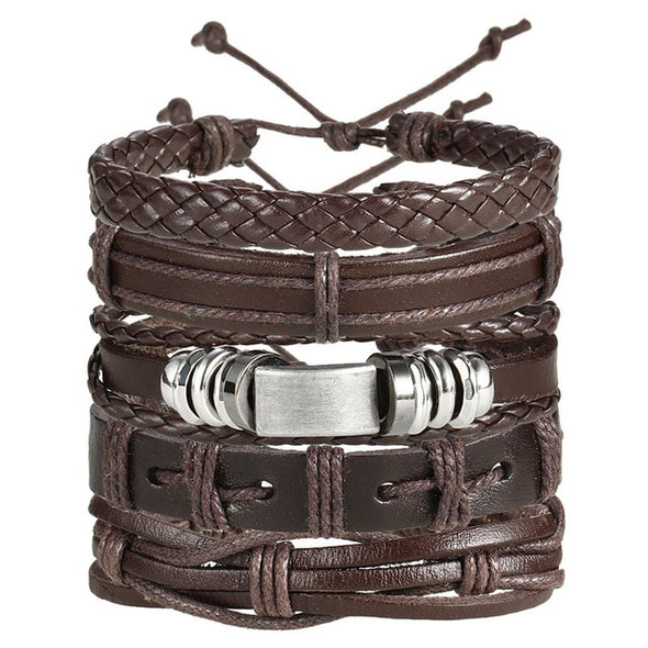 IF ME Vintage Leaf Feather Multi-layer Leather Bracelet For Men