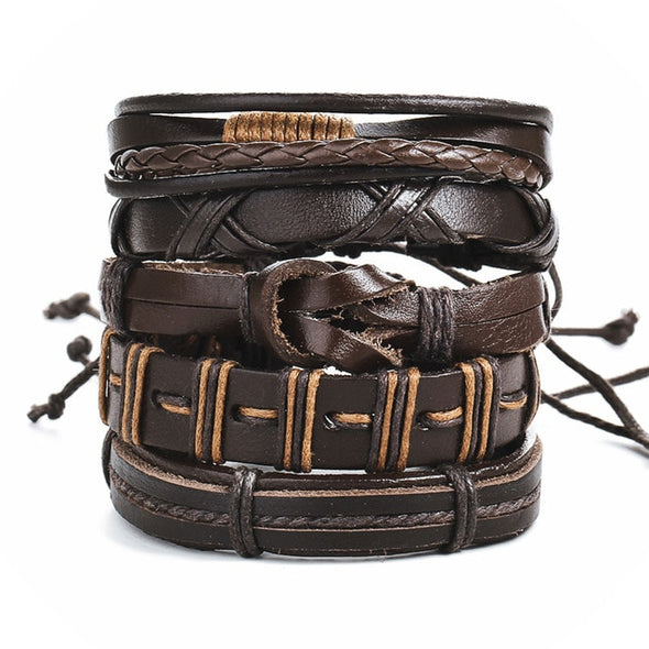 IF ME Vintage Leaf Feather Multi-layer Leather Bracelet For Men