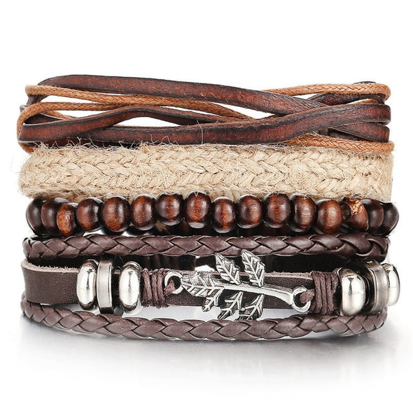 IF ME Vintage Leaf Feather Multi-layer Leather Bracelet For Men