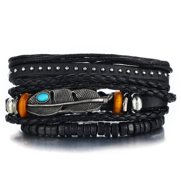 IF ME Vintage Leaf Feather Multi-layer Leather Bracelet For Men