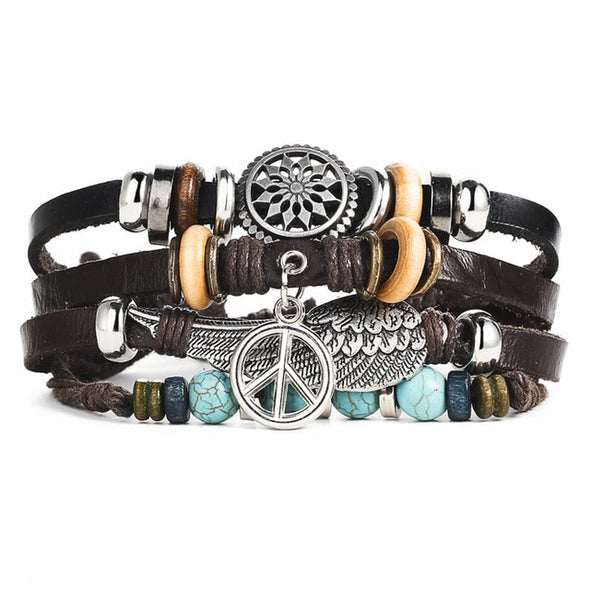 IF ME Vintage Leaf Feather Multi-layer Leather Bracelet For Men