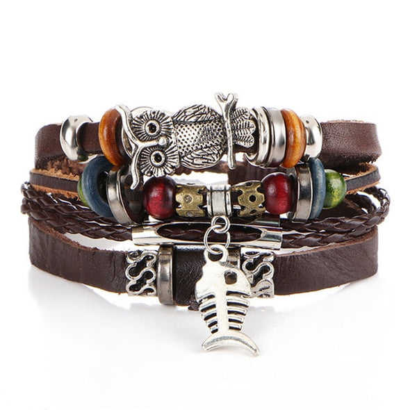 IF ME Vintage Leaf Feather Multi-layer Leather Bracelet For Men