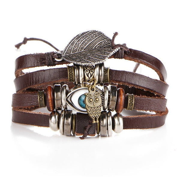 IF ME Vintage Leaf Feather Multi-layer Leather Bracelet For Men