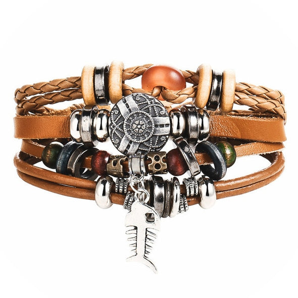 IF ME Vintage Leaf Feather Multi-layer Leather Bracelet For Men