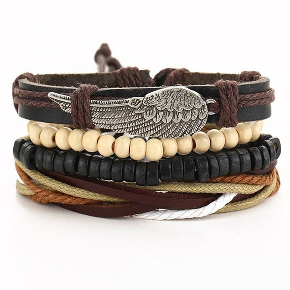IF ME Vintage Leaf Feather Multi-layer Leather Bracelet For Men