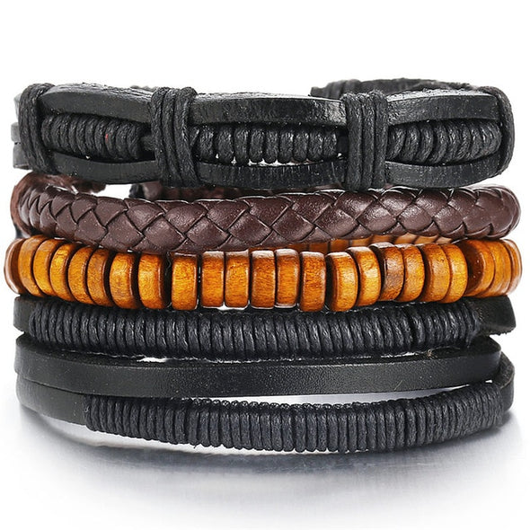 IF ME Vintage Leaf Feather Multi-layer Leather Bracelet For Men