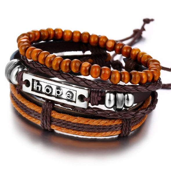 IF ME Vintage Leaf Feather Multi-layer Leather Bracelet For Men