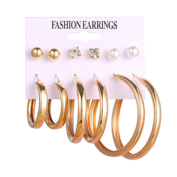 EN 12 Pairs Pearl Crystal Stud Boho Geometric Tassel Earrings For Women