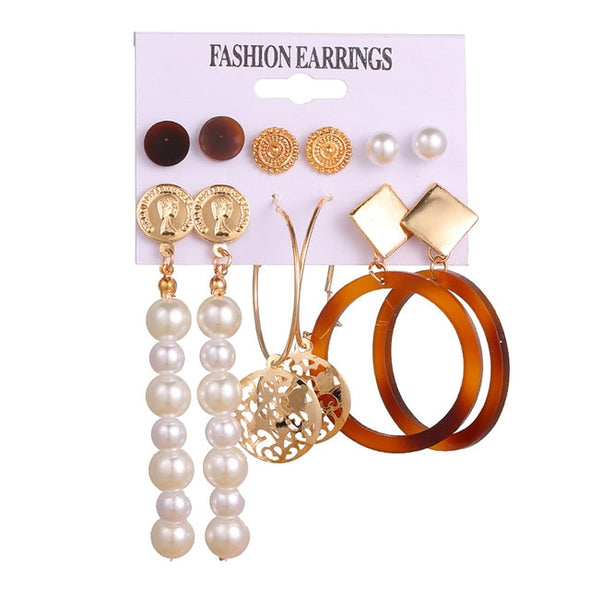 EN 12 Pairs Pearl Crystal Stud Boho Geometric Tassel Earrings For Women