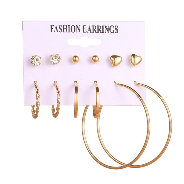EN 12 Pairs Pearl Crystal Stud Boho Geometric Tassel Earrings For Women