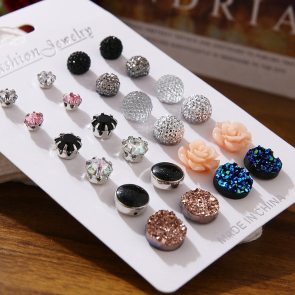 EN 12 Pairs Pearl Crystal Stud Boho Geometric Tassel Earrings For Women