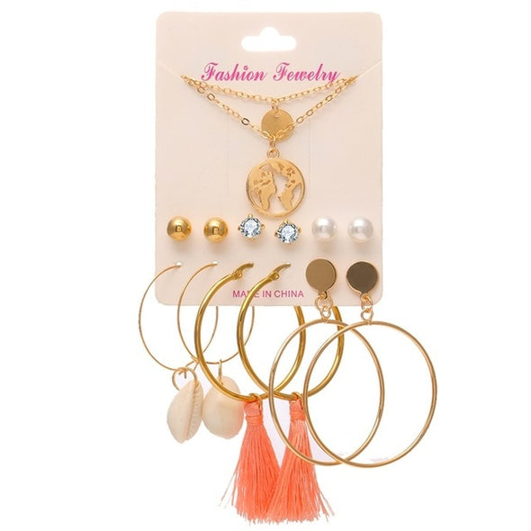 EN 12 Pairs Pearl Crystal Stud Boho Geometric Tassel Earrings For Women