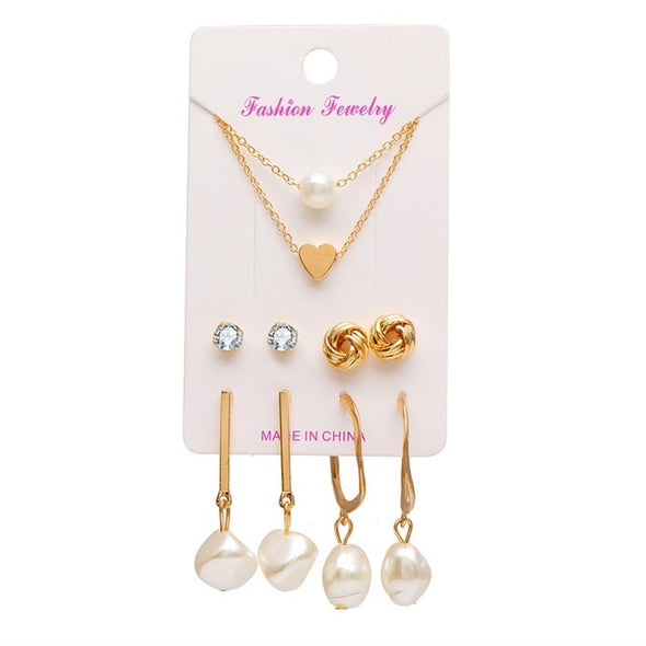 EN 12 Pairs Pearl Crystal Stud Boho Geometric Tassel Earrings For Women