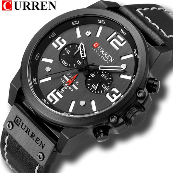 CURREN Waterproof Sport Chronograph Quartz Military Genuine Leather  Wrist Watch For Men